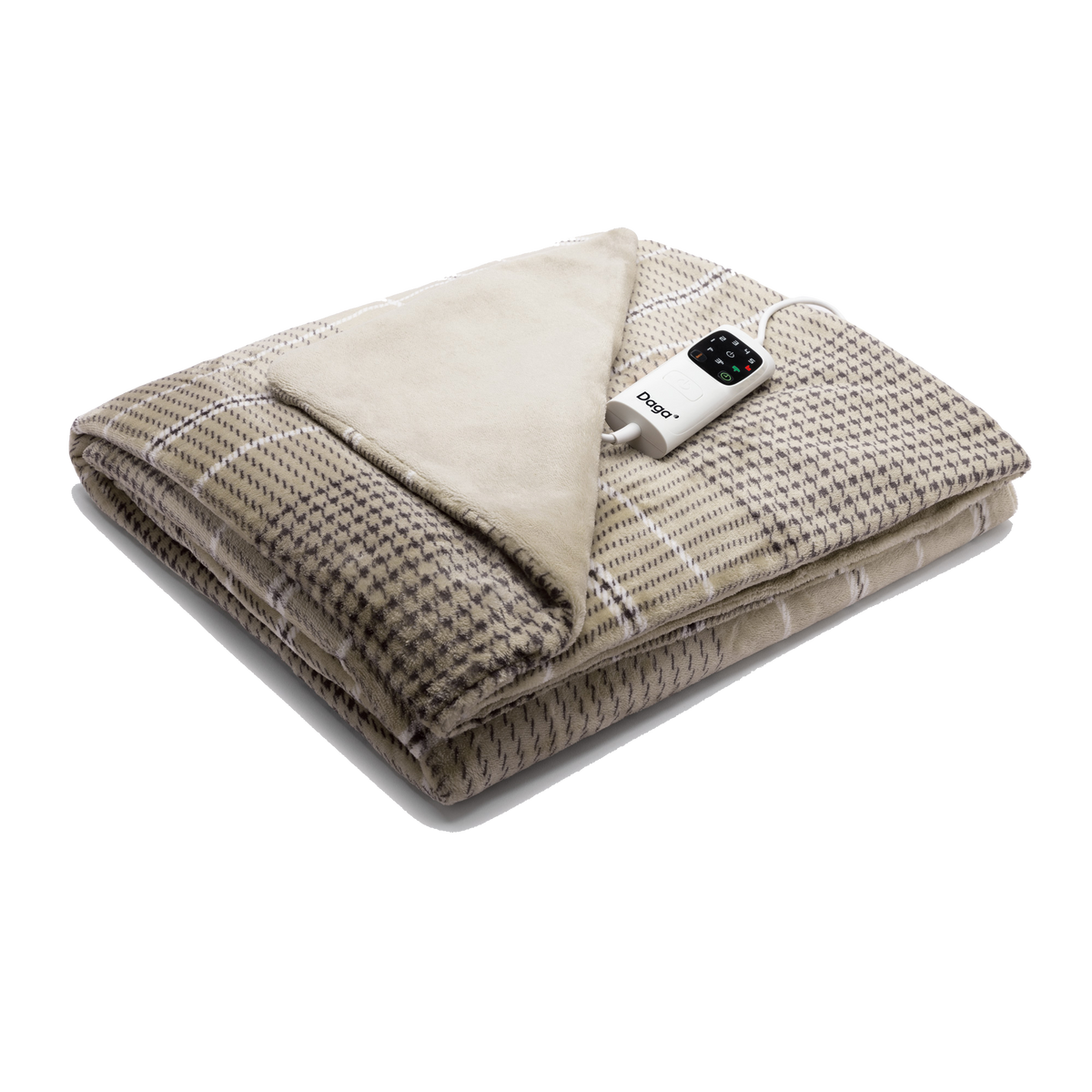 Złożony beżowo-biały w kratkę koc elektryczny z panelem sterowania.