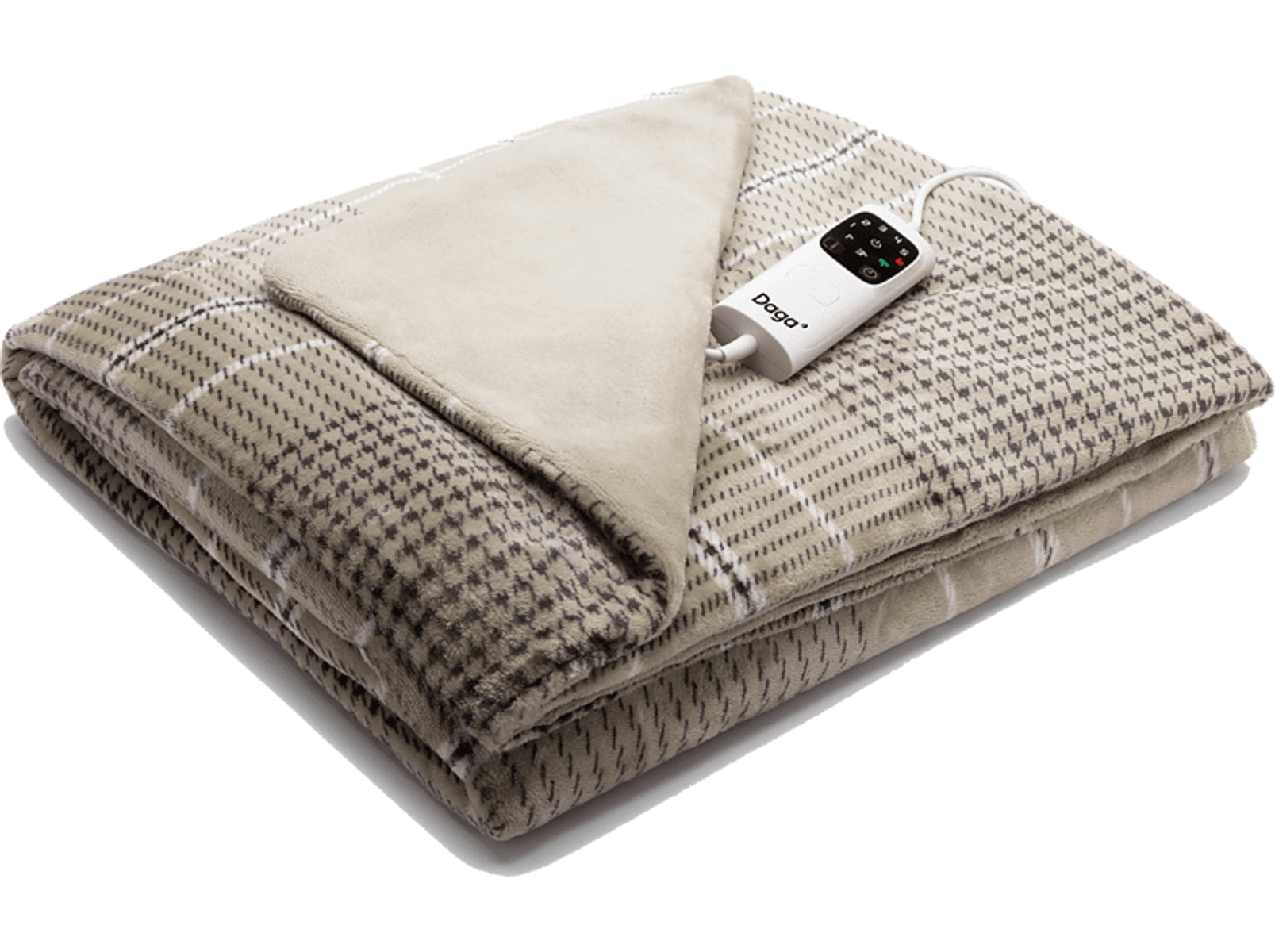 Beżowy koc elektryczny w kratę. Biały kontroler na wierzchu. Złożony.