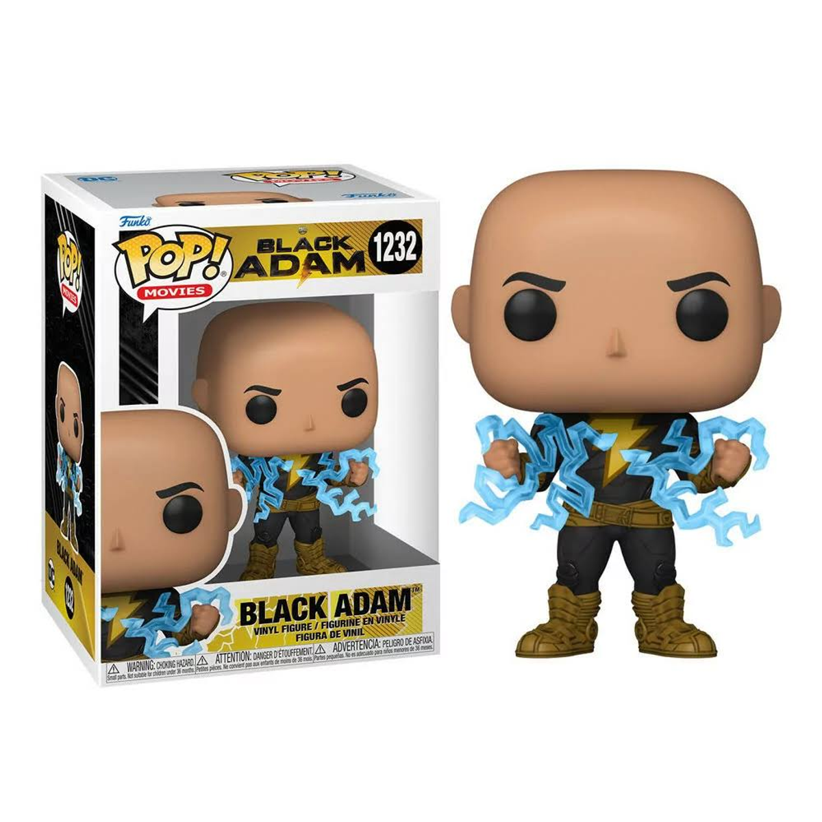 Una figura di Black Adam Funko Pop nella sua scatola. La figura ha dettagli di fulmini.