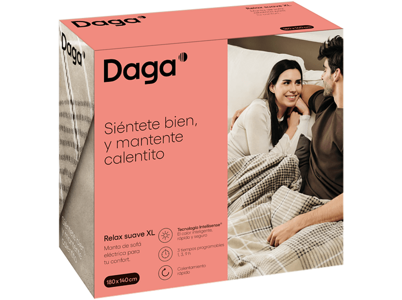 Pudełko z parą w łóżku. Różowy kolor. Tekst po hiszpańsku.