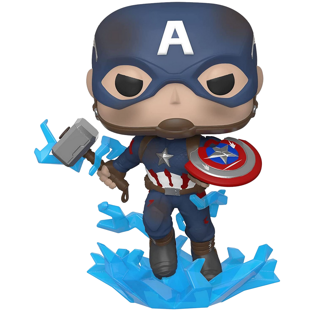 Figura Funko Pop di Captain America con martello e scudo, in piedi su ghiaccio blu.