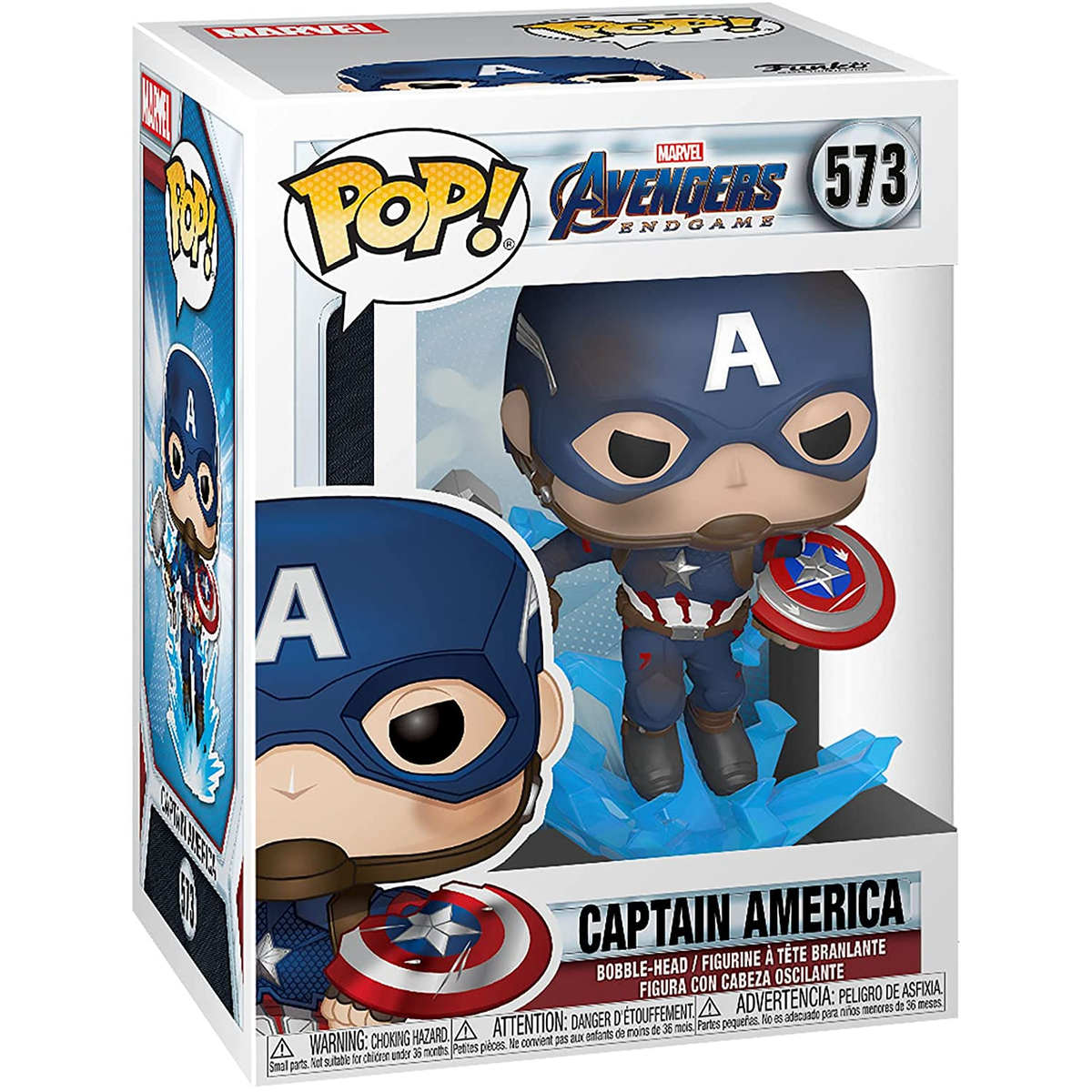 Una statuetta di Captain America Funko Pop in una scatola, con lo scudo.