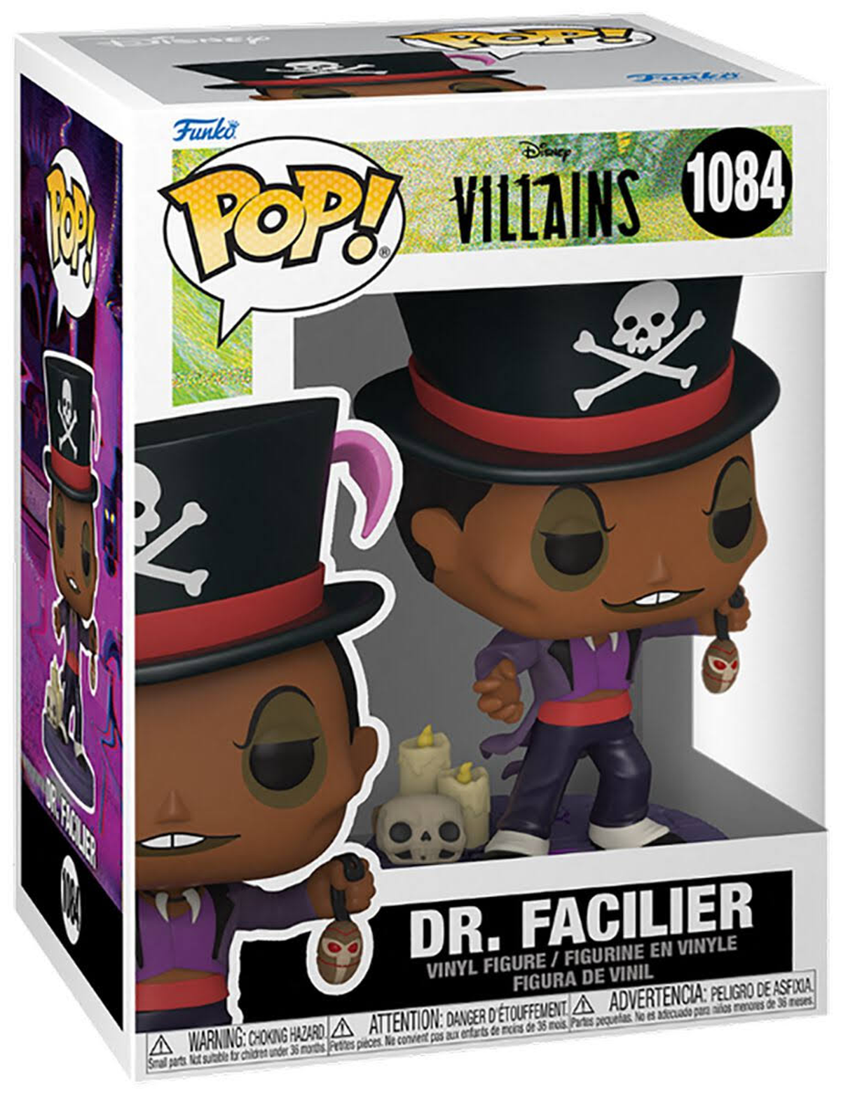 Figura de Funko Pop de Dr. Facilier en una caja con fondo blanco.