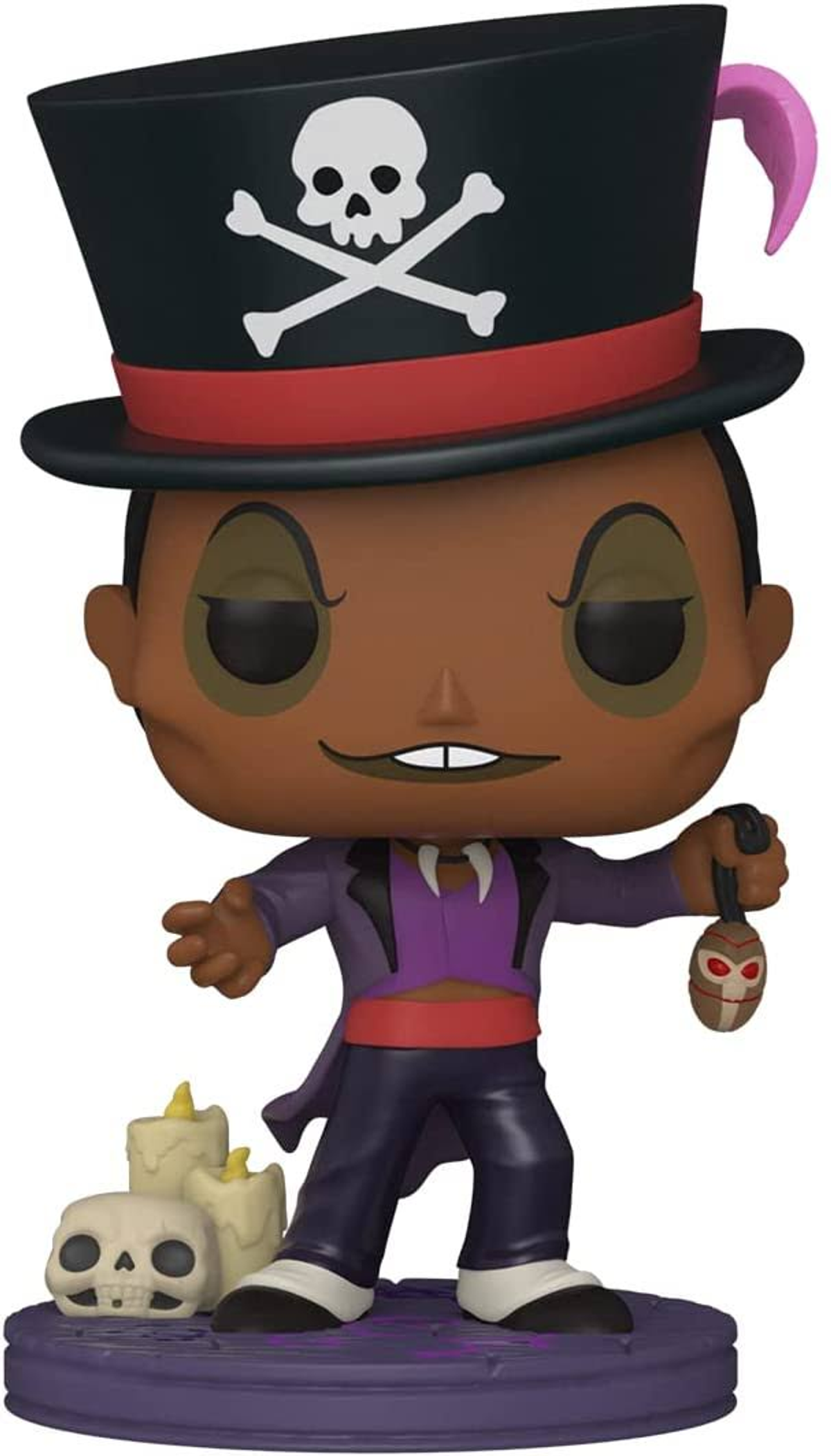 Figura Funko Pop del Dr. Facilier, con sombrero y traje morado. Sostiene una máscara.