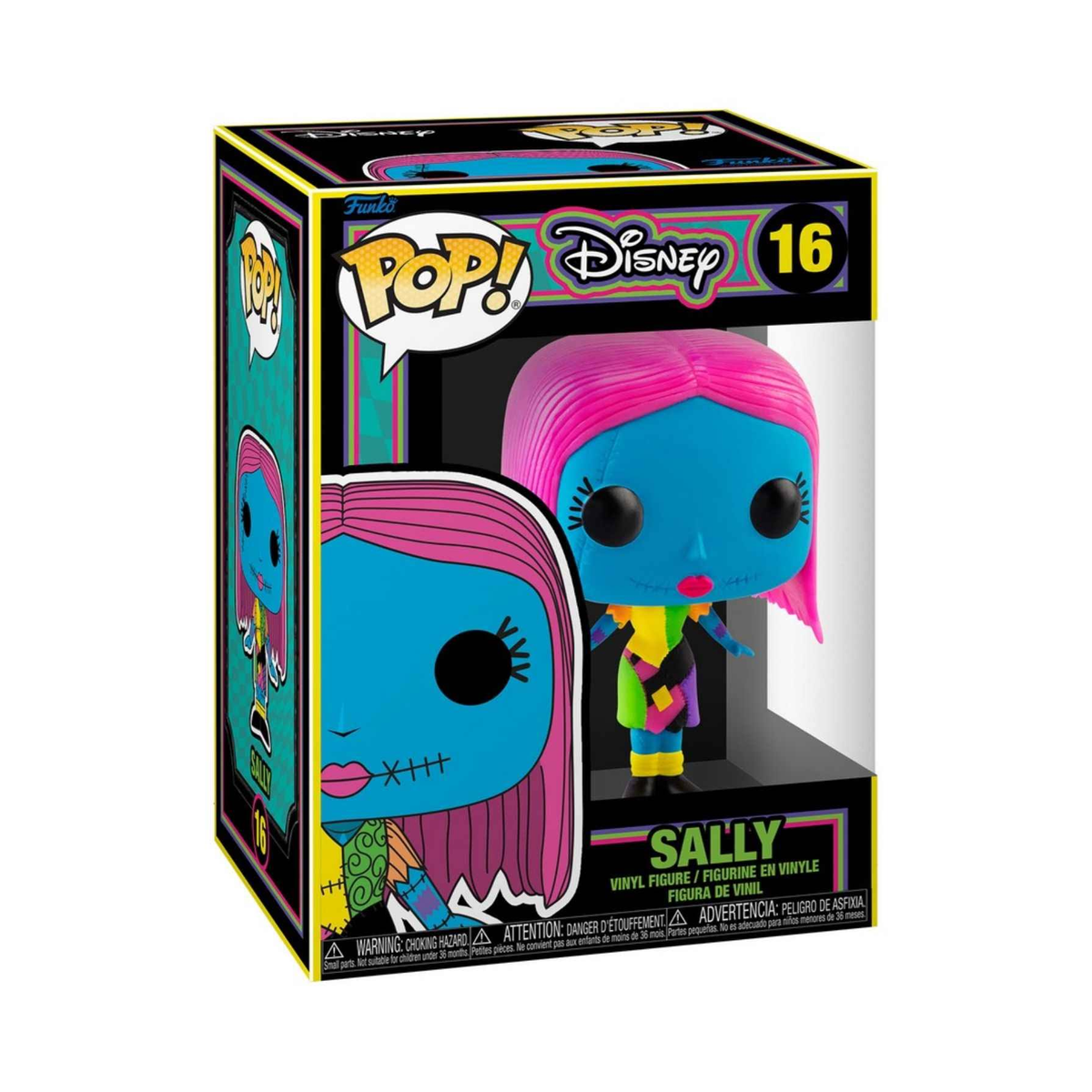 Figura di Sally Funko Pop in scatola. È blu con capelli rosa, abito patchwork.