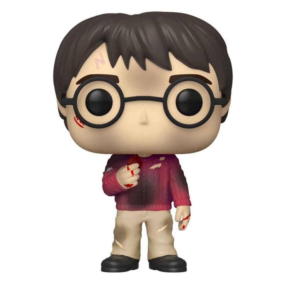 Funko Pop di Harry Potter con ferite e sangue. Indossa occhiali e un maglione rosso, tenendo una mano.