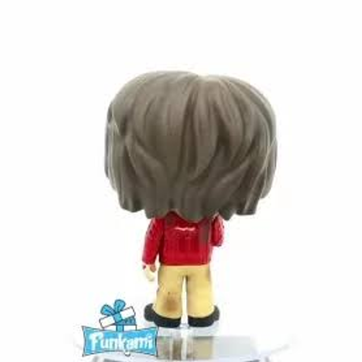 Figura Funko Pop da dietro, che mostra una persona con giacca rossa e pantaloni gialli.