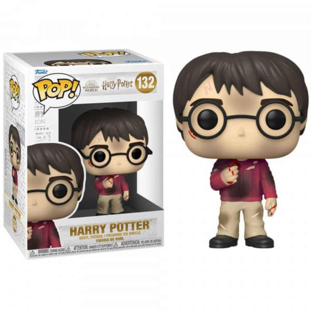 Figura Funko Pop di Harry Potter in scatola. La figura indossa occhiali e camicia rossa.