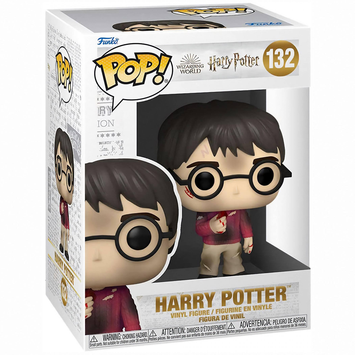 Figura Funko Pop di Harry Potter in scatola. La figura ha occhiali e cicatrice, camicia rossa.