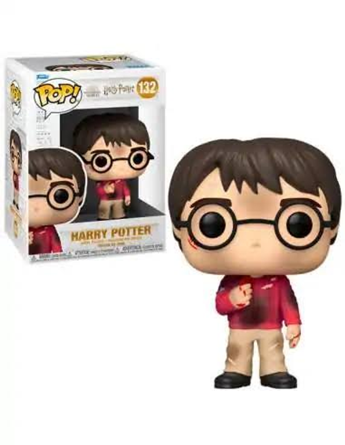 Figura di Harry Potter con occhiali e camicia rossa. È mostrata anche la figura nella scatola.