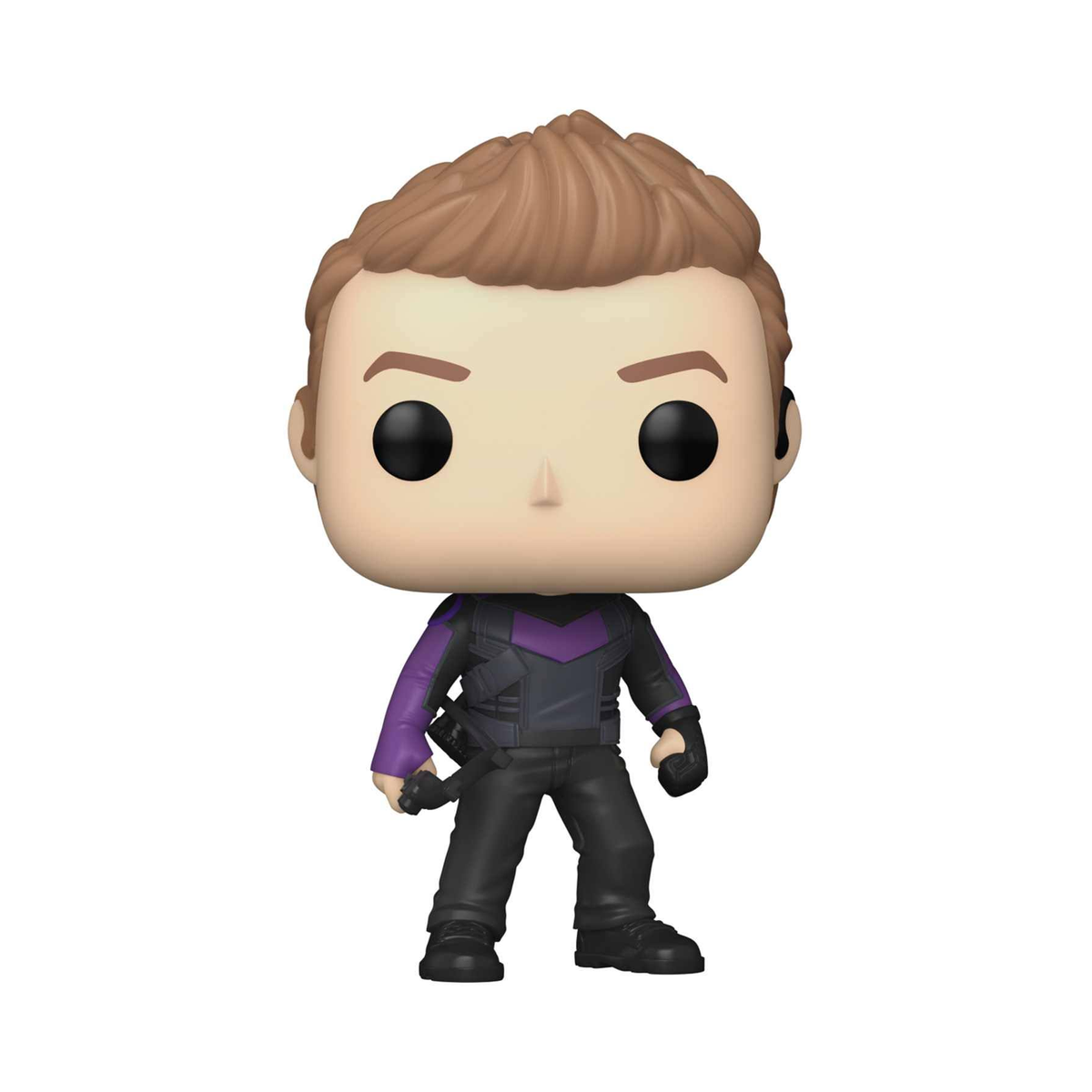Figura Funko Pop di Occhio di Falco. Capelli castani, occhi neri. Costume viola e nero. Tiene un arco.