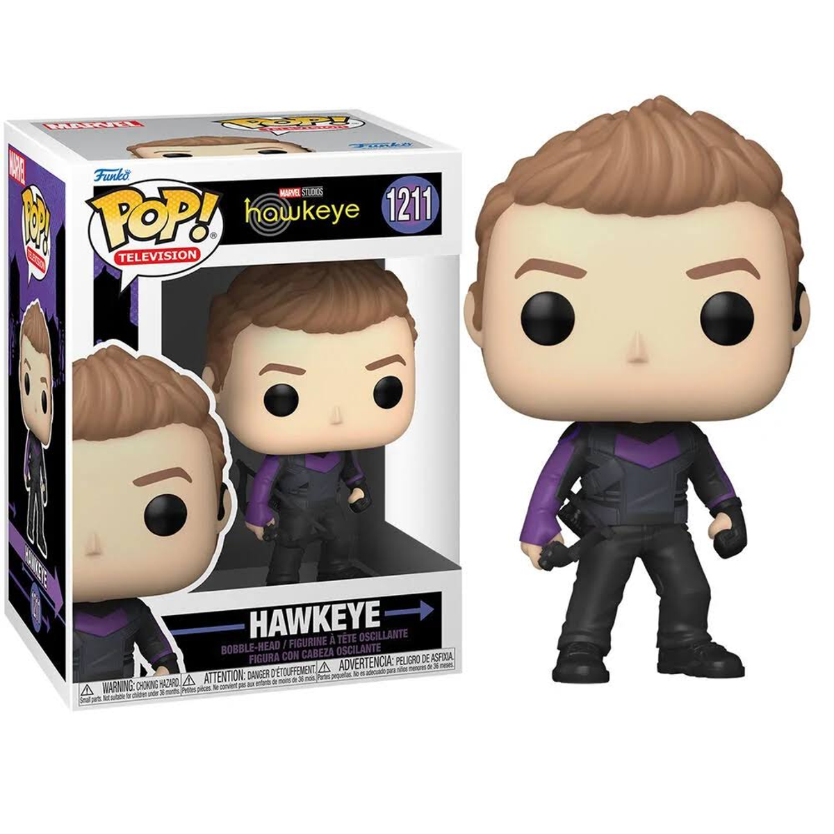 Funko Pop di Hawkeye. La scatola mostra la figura. La figura è in costume. Sfondo bianco.