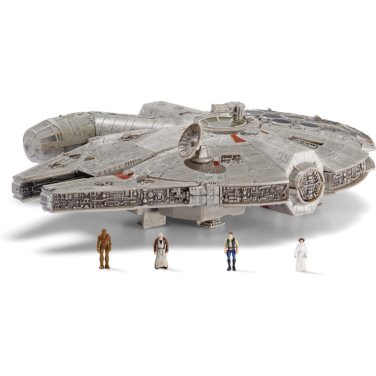 Un juguete de Star Wars Millennium Falcon con figuras de Han Solo, Chewbacca, Leia y Obi-Wan Kenobi.