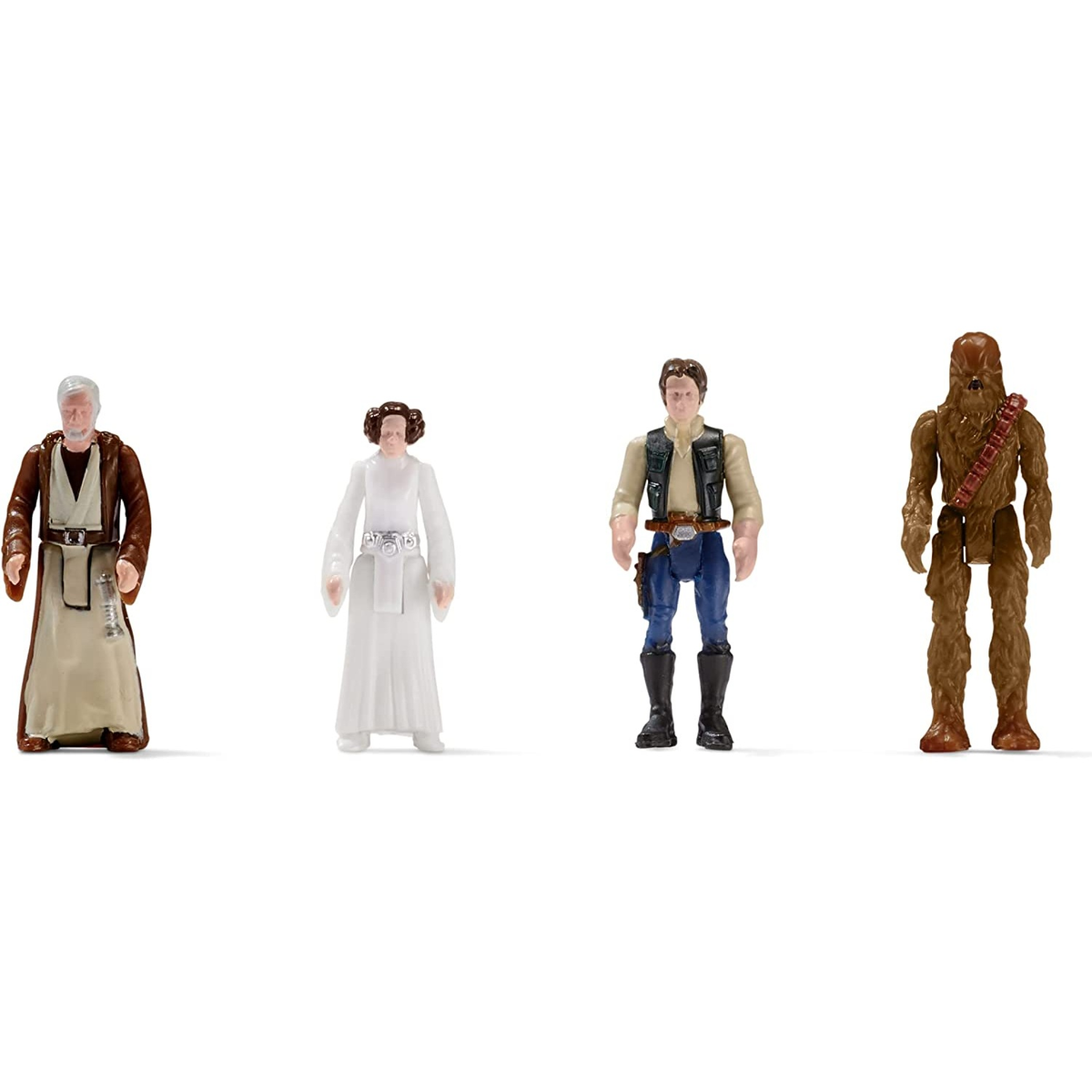 Figuras de Star Wars: Obi-Wan, Leia, Han Solo y Chewbacca. Fondo blanco.