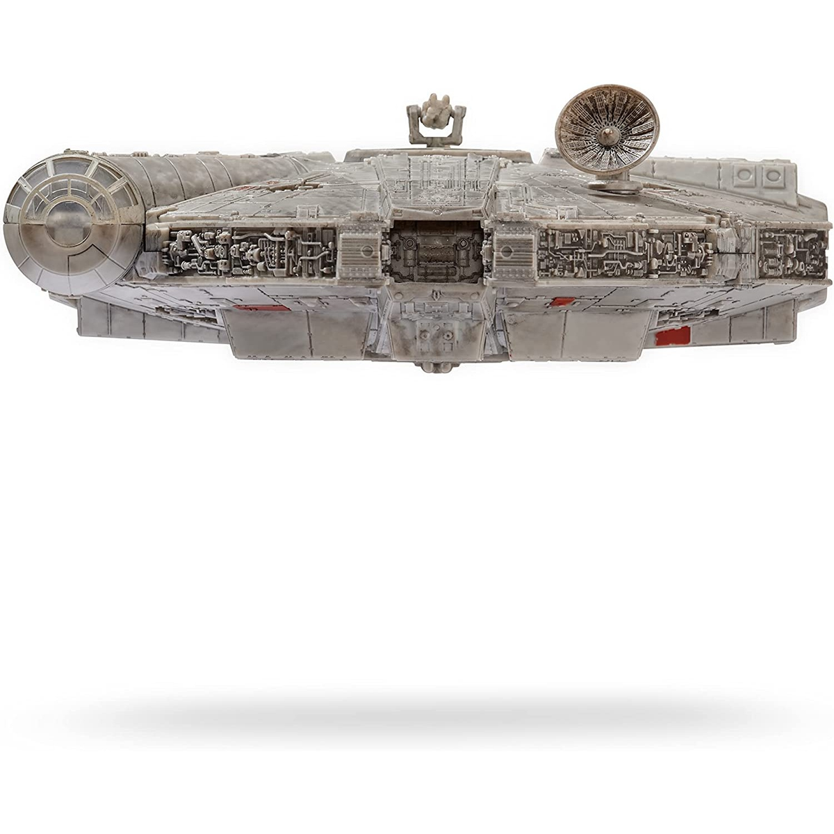 Modelo del Halcón Milenario de Star Wars, con exterior detallado y vista superior.