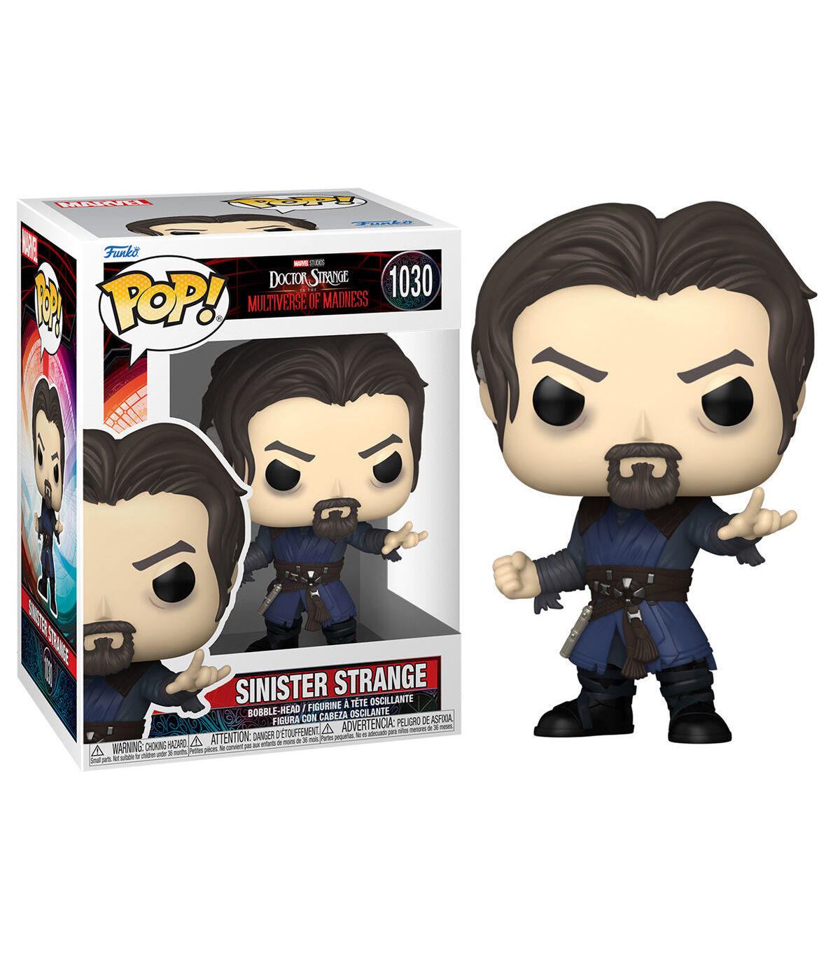 Figura Funko Pop di Sinister Strange nella scatola. La figura ha la barba e un vestito blu.
