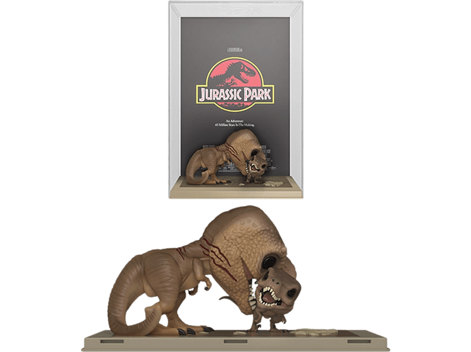Diorama con un giocattolo T-Rex che attacca un dinosauro più piccolo. La scena superiore include il logo di Jurassic Park.