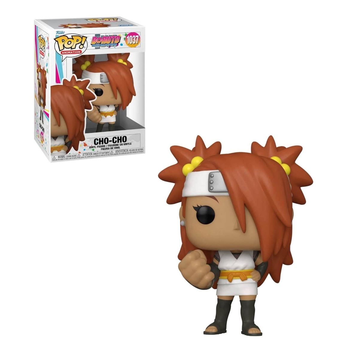 Figurka Cho-Cho Funko Pop z pudełkiem. Figurka ma pomarańczowe włosy i biały strój.