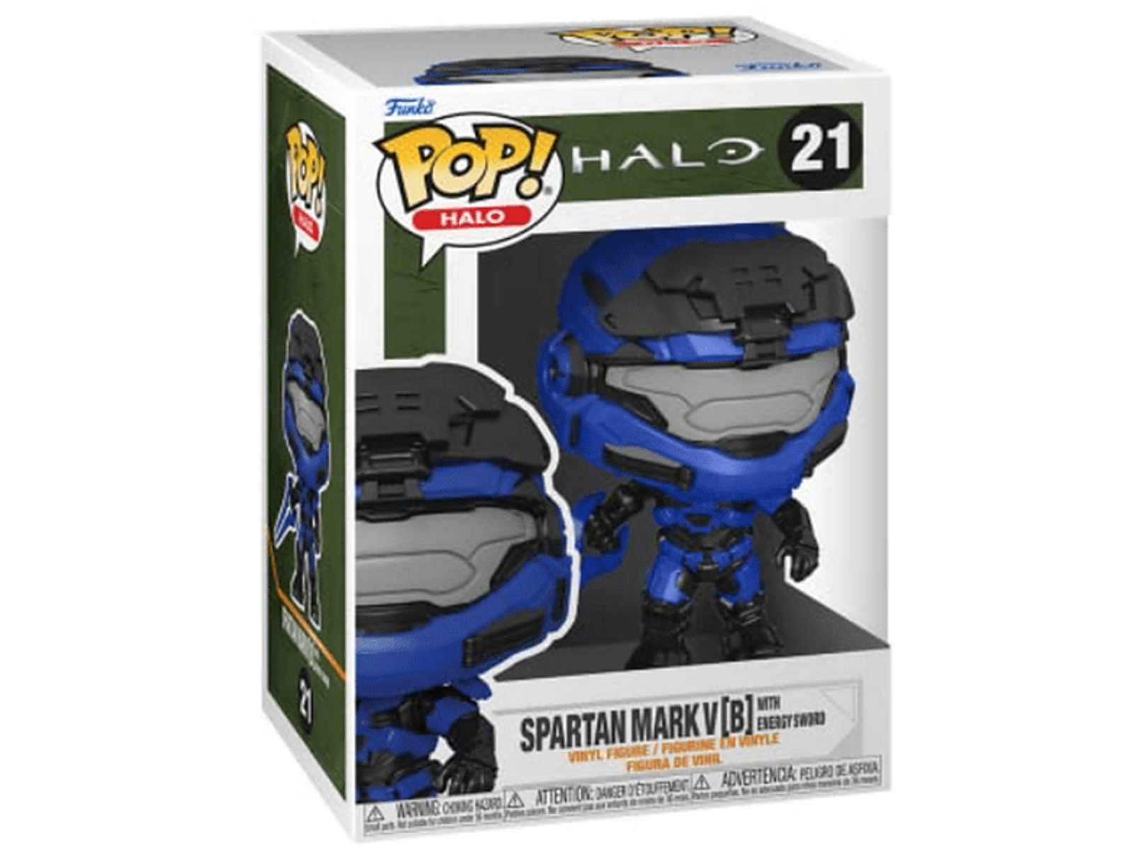 Un action figure di Halo in una scatola. La figura è blu e nera, con il logo Funko Pop! in evidenza.
