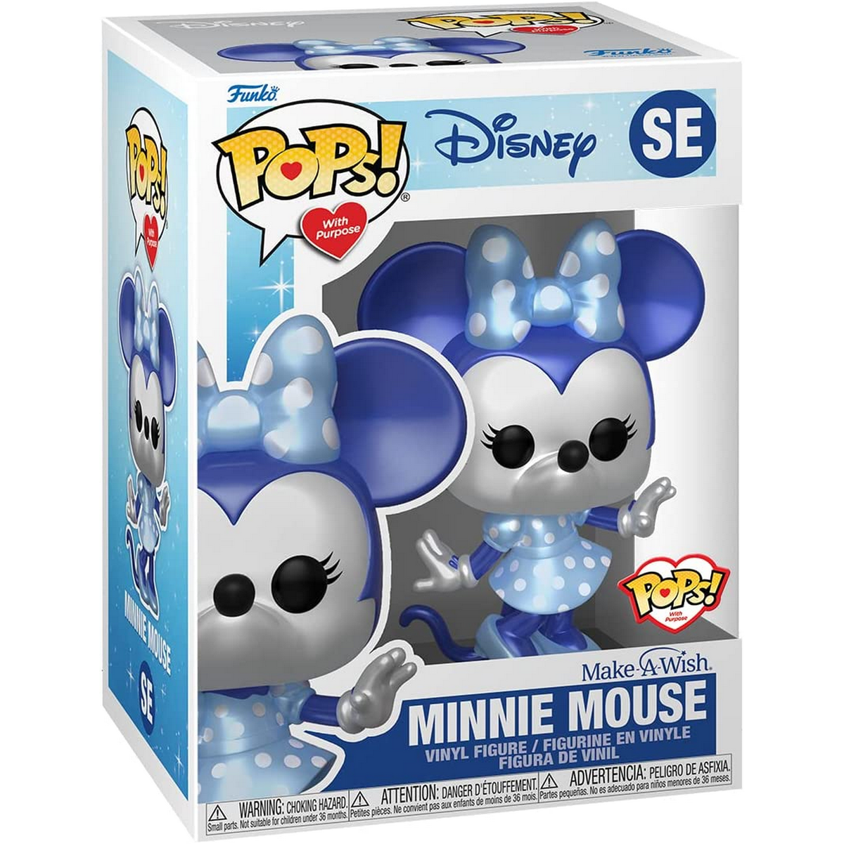 Funko Pop di Minnie Mouse in una scatola. Minnie indossa un vestito blu e un fiocco. Tema Make a Wish.