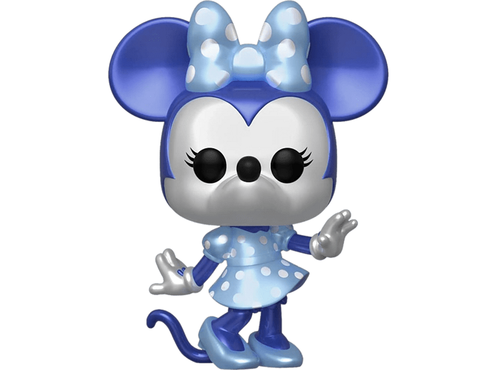 Una figura Funko Pop di Minnie Mouse blu con fiocco, vestito e guanti. Sfondo nero.