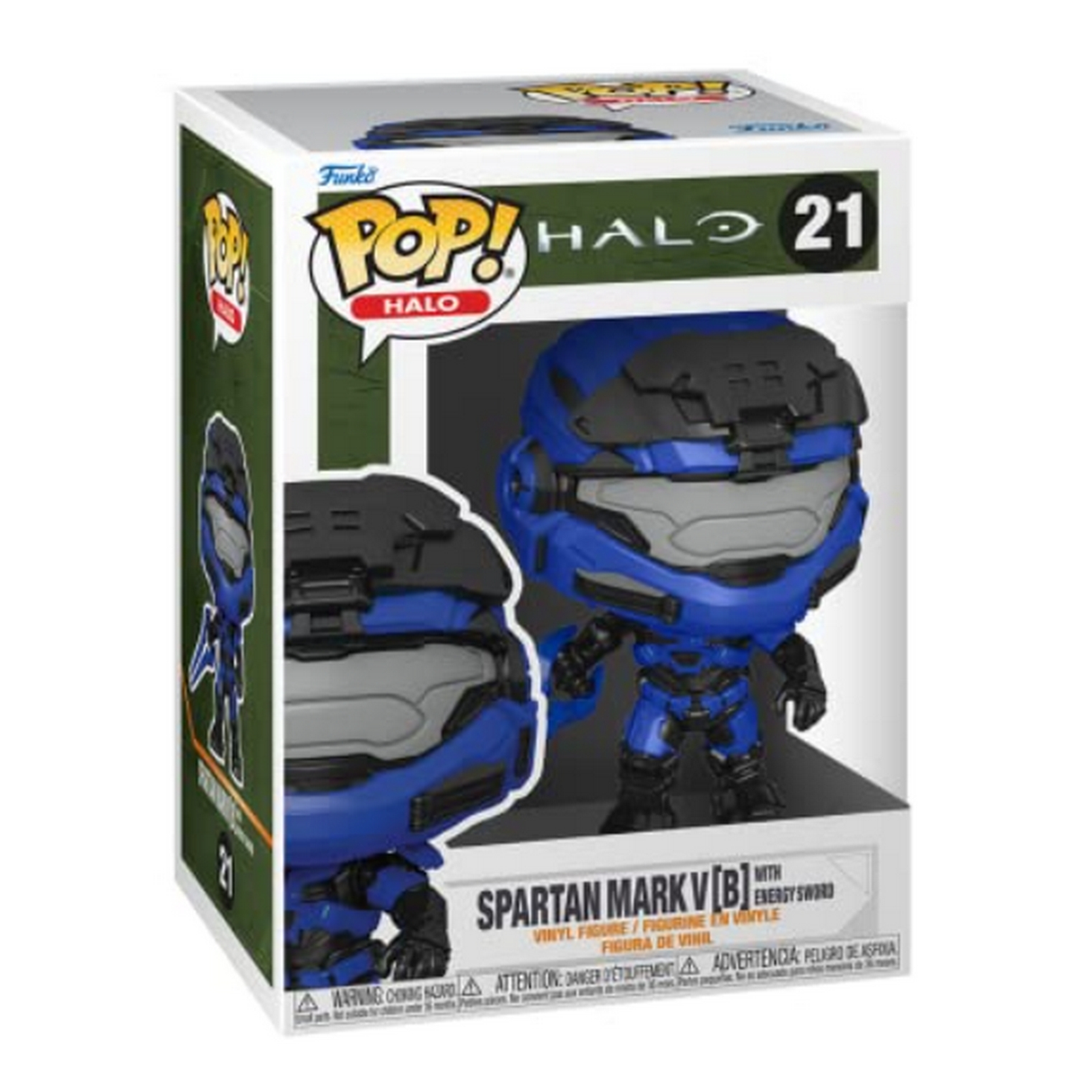 Funko Pop! figura di Spartan Mark V[B] di Halo. In scatola, blu e nero.