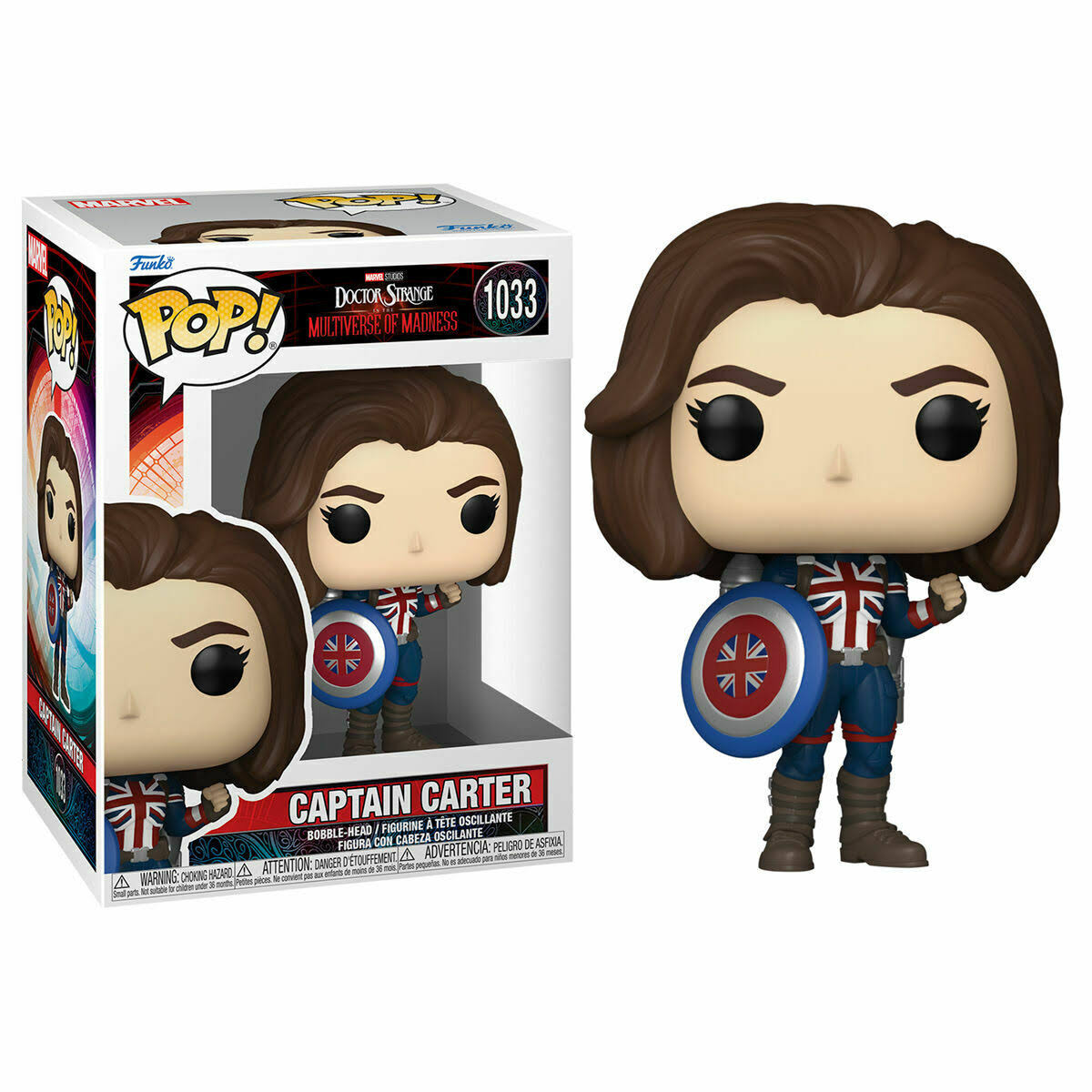 Una statuetta Funko Pop di Captain Carter e la sua scatola. La statuetta ha uno scudo e indossa un vestito blu e rosso.