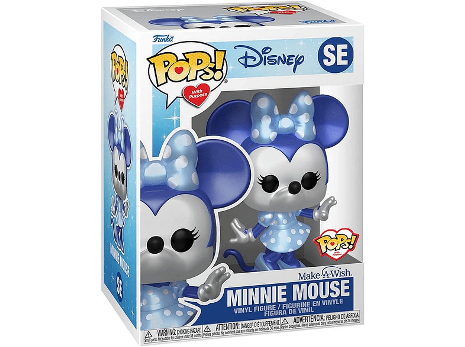 Funko Pop! Minnie Mouse in blu e argento. In scatola, con Minnie sulla copertina e sul lato.