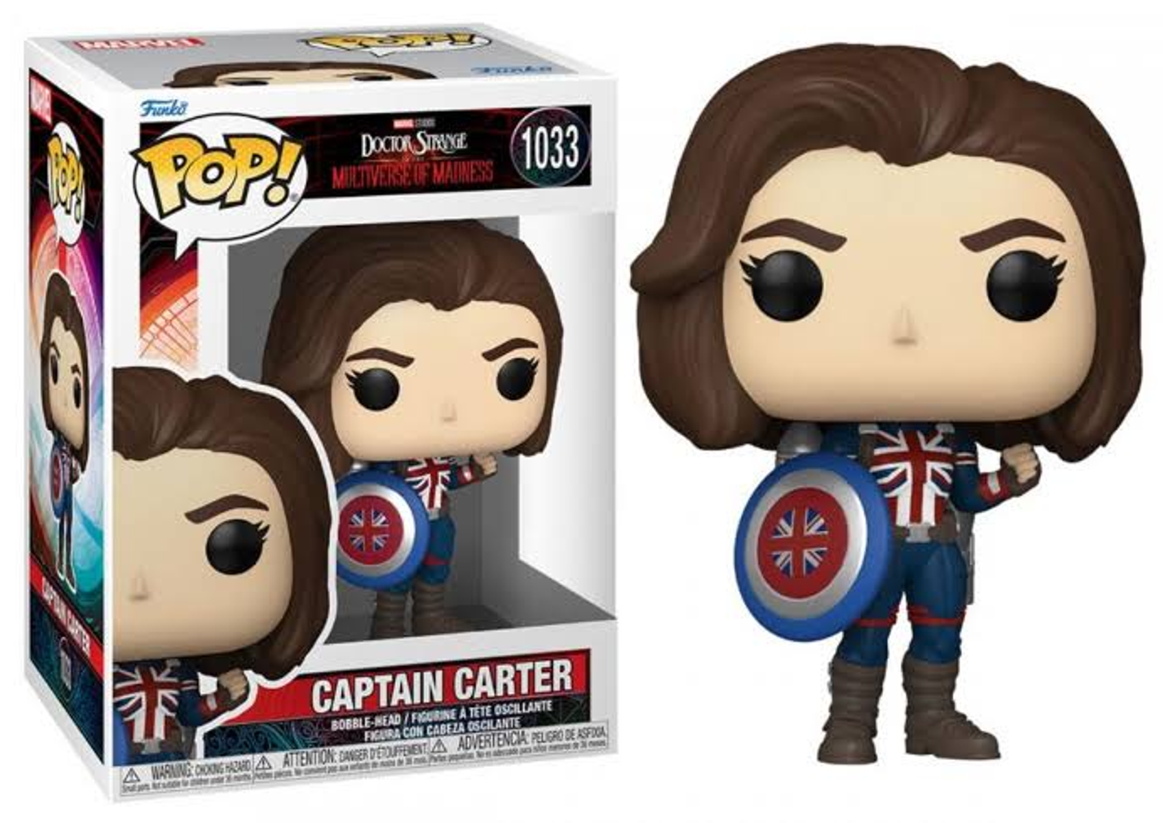 Figura Funko Pop di Captain Carter in scatola. Scudo e uniforme Union Jack, capelli castani.