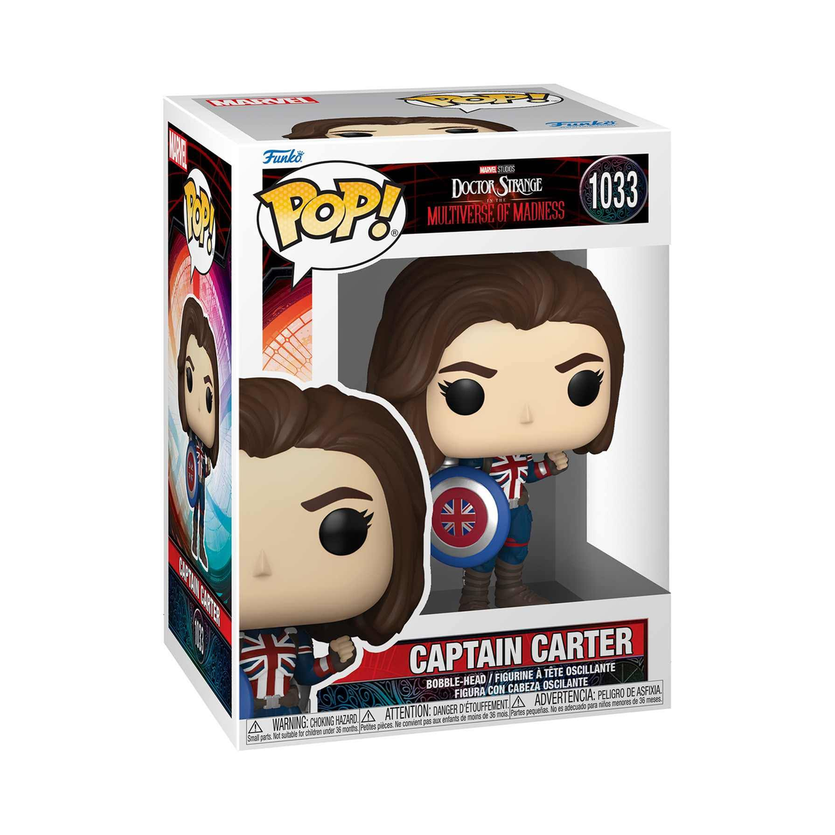 Figura Funko Pop di Captain Carter in una scatola. Indossa uno scudo Union Jack e un abito britannico.