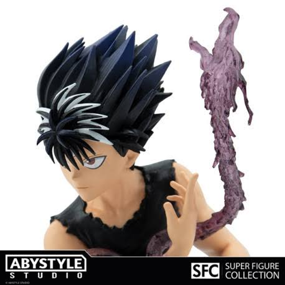 Anime-Figur einer Figur mit stacheligem schwarzem Haar und einem lila Energieeffekt.