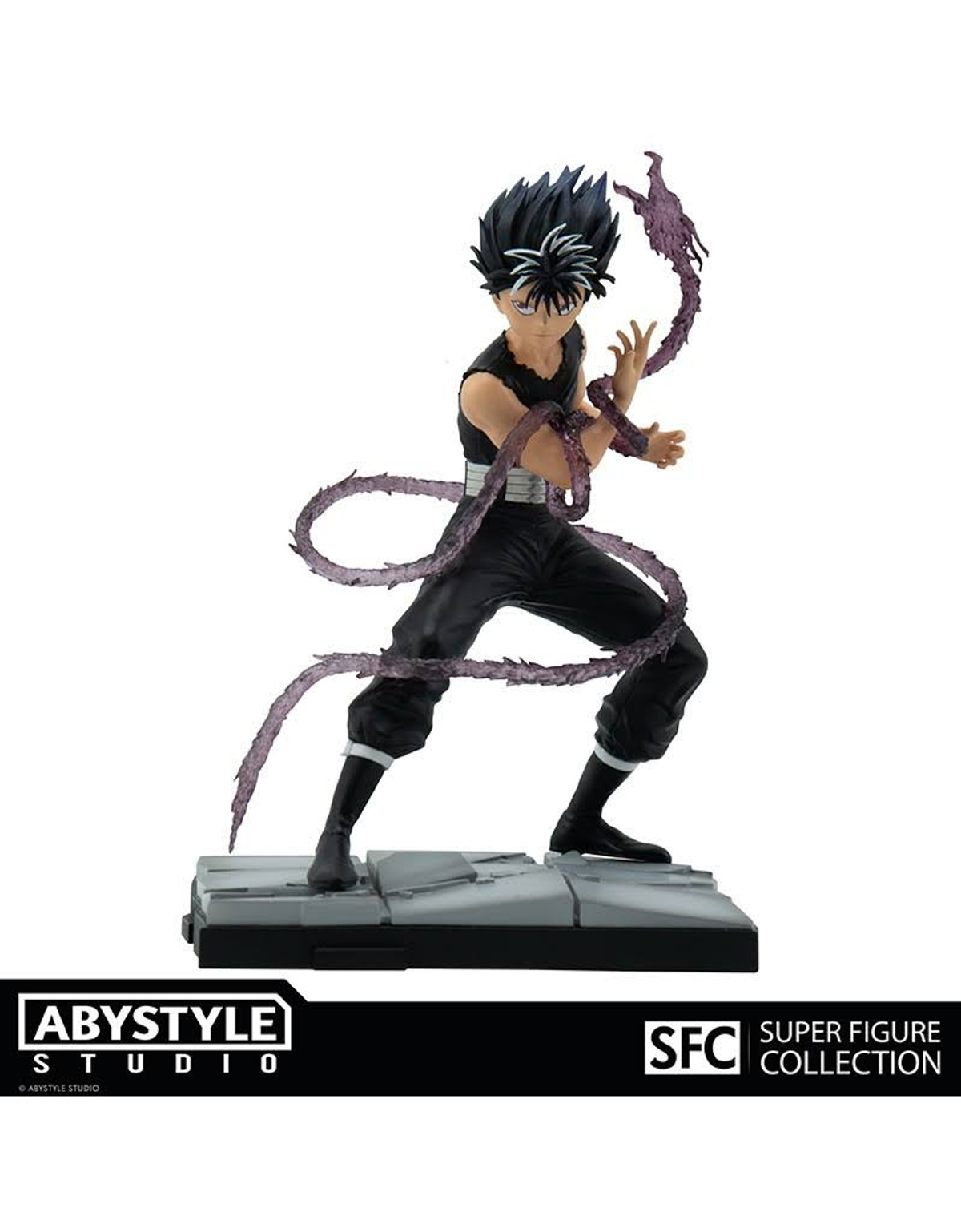 Anime-Figur von Hiei, schwarzes Outfit, lila Energie, auf grauer Basis.