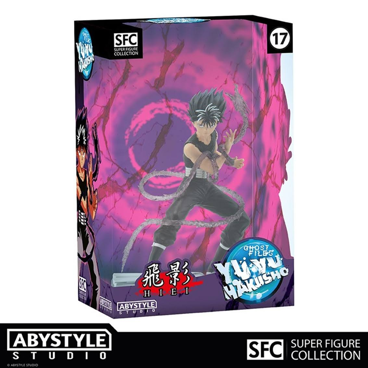 Figur einer Figur aus Yu Yu Hakusho in einer Box. Die Figur ist in Schwarz und Weiß mit lila Hintergrund.