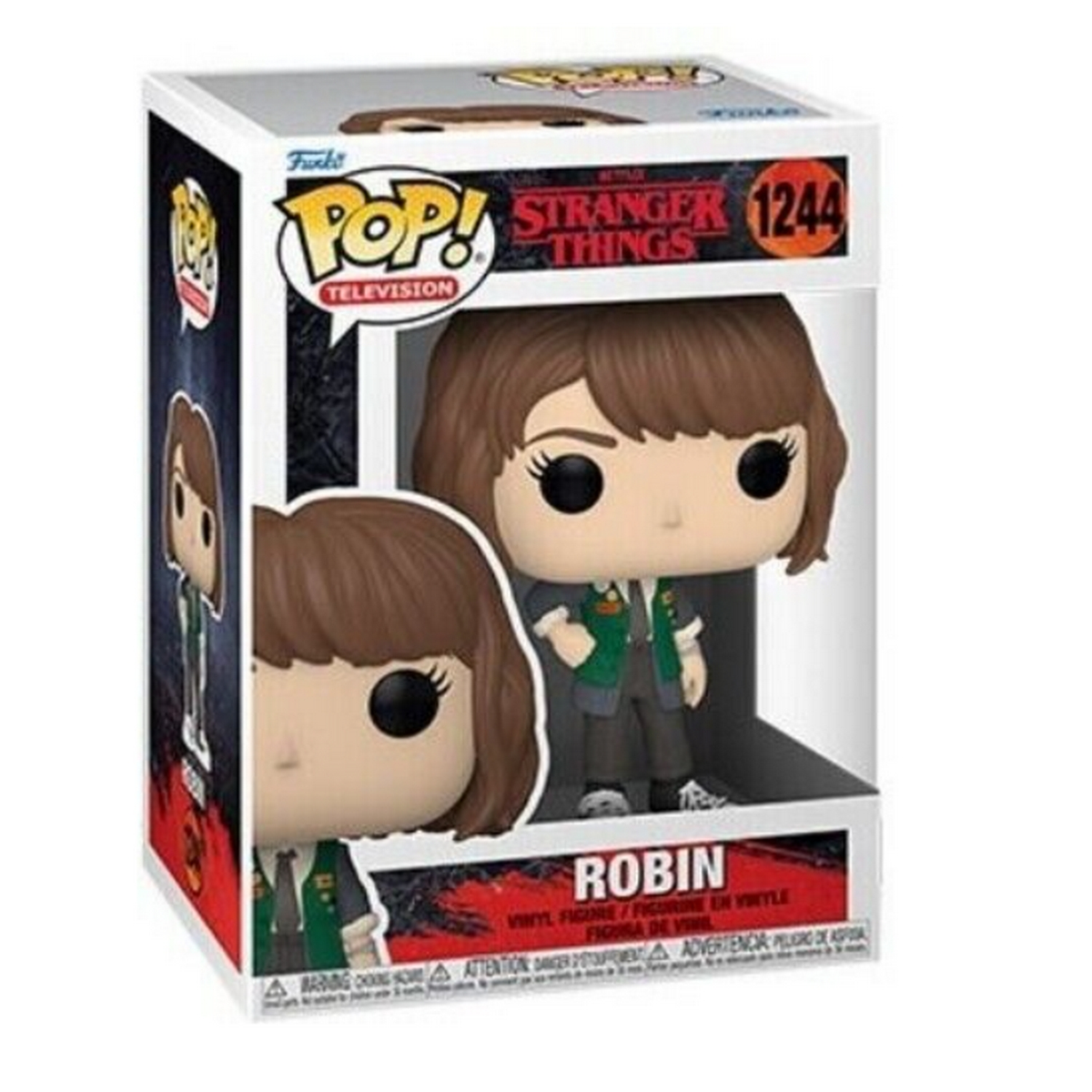 Funko Pop Figur von Robin aus Stranger Things. In einer Box. Weißer Hintergrund.