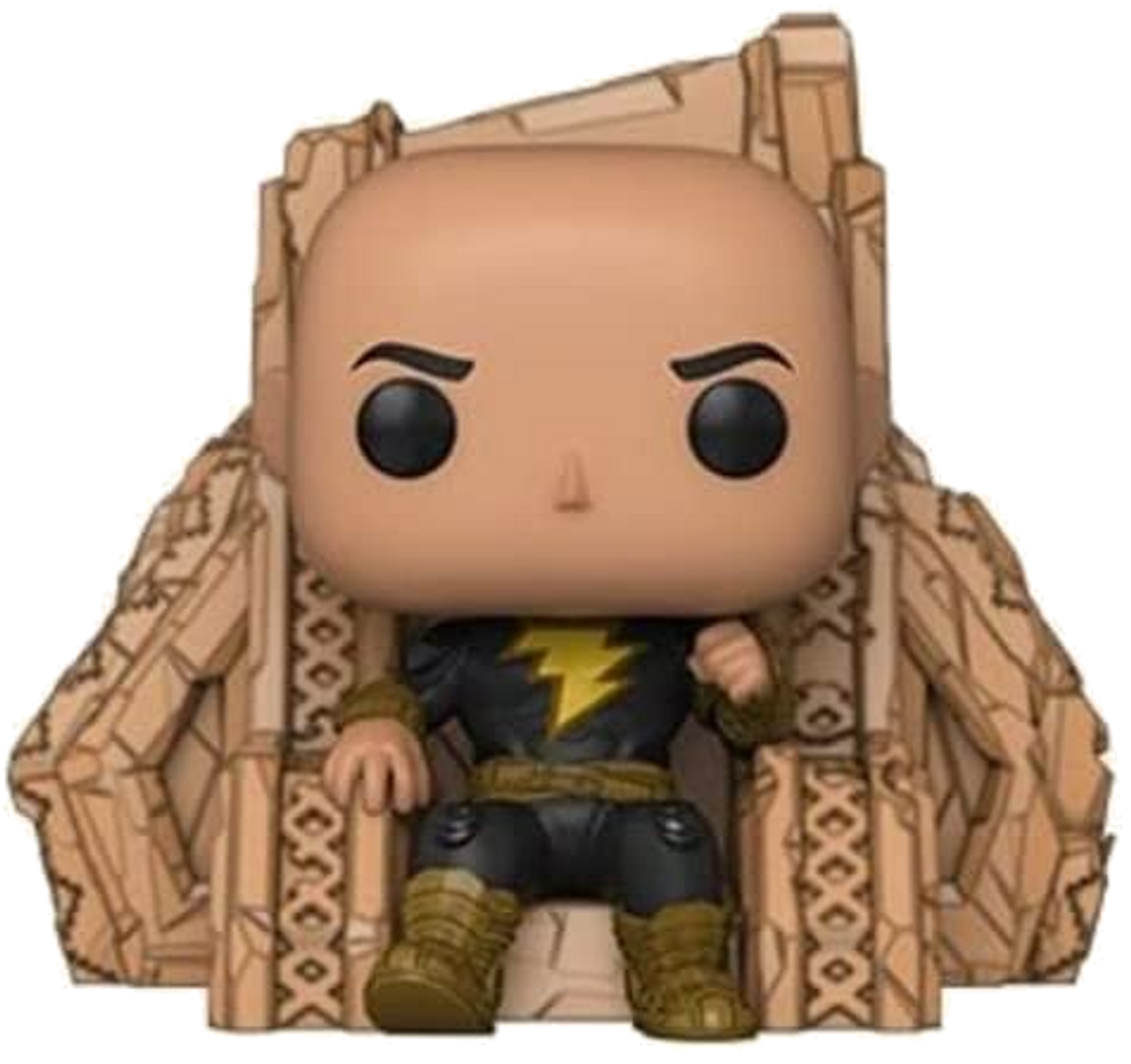 Figura Funko Pop di Black Adam seduto su un trono di pietra, con un completo nero e oro.