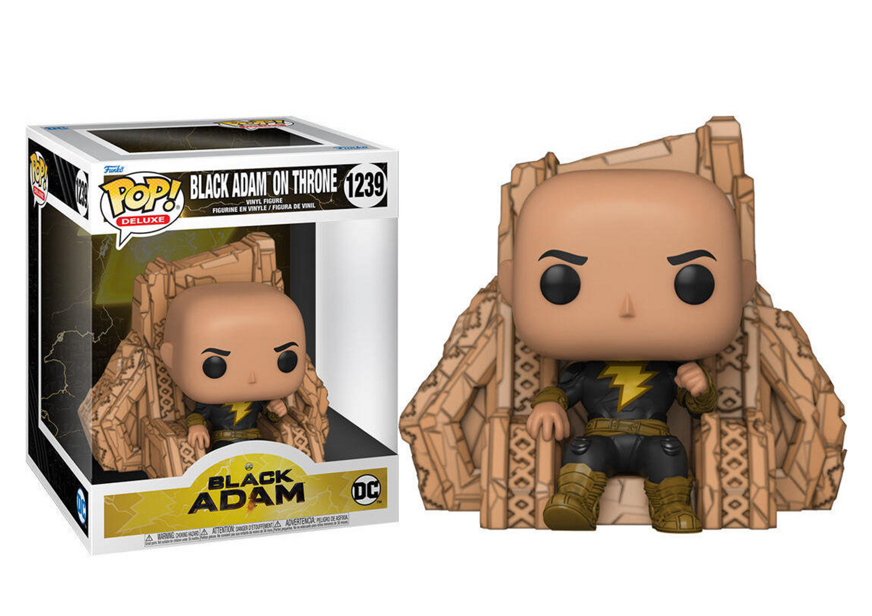 Figura di Black Adam su trono in scatola. Figura nera e oro. Scatola con logo e immagine.