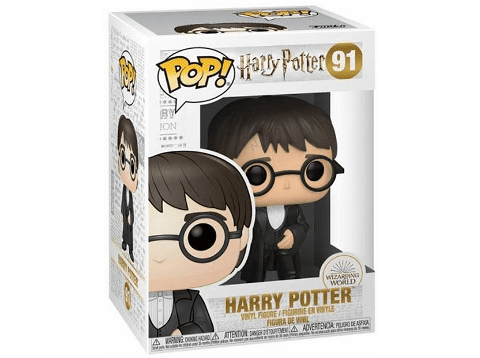 Figura de Harry Potter Funko Pop! en una caja, mostrando la figura y el arte de la caja.