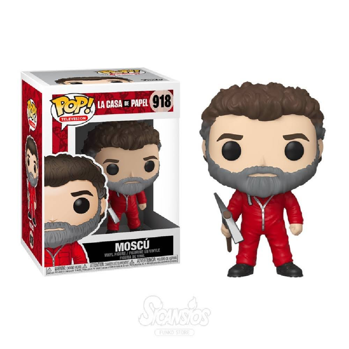 Figura Funko Pop de Moscú de La Casa De Papel. Con mono rojo, sosteniendo un arma, con caja.