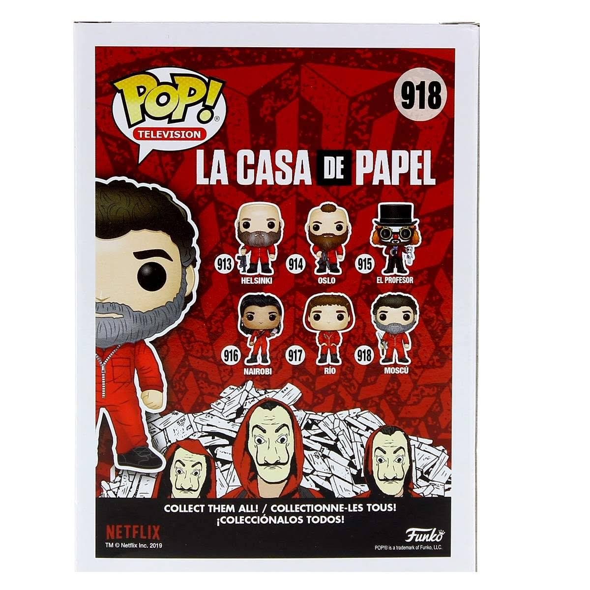 Parte trasera de una caja con figuras Pop!, incluyendo un personaje de traje rojo. Fondo blanco.