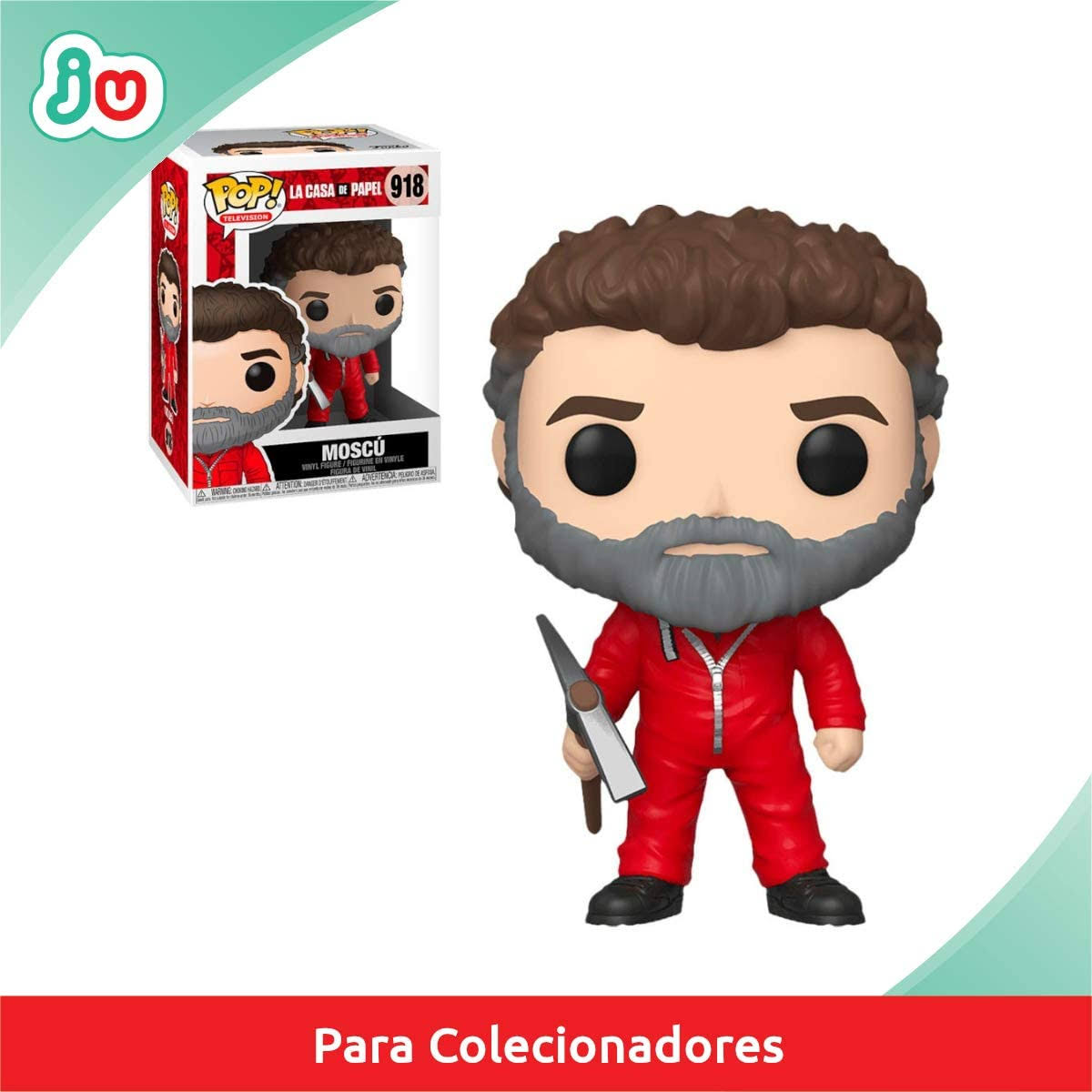 Una figura de Funko Pop de Moscú con un mono rojo y un hacha, junto a su caja con el logo.