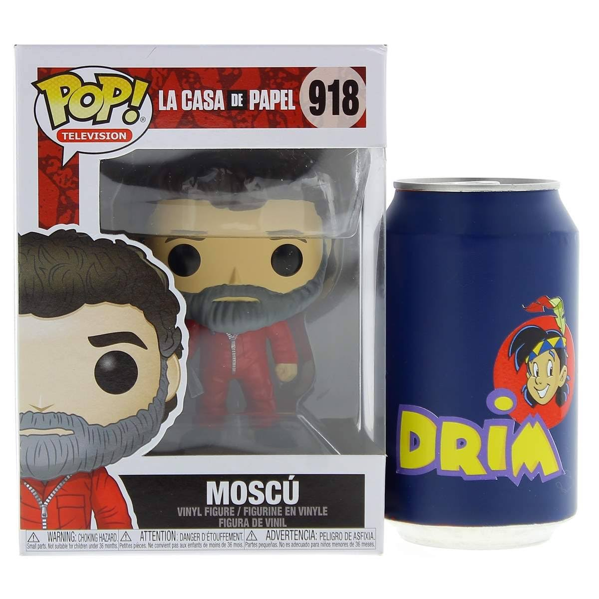 Una caja de figura de vinilo Pop! de Moscú, personaje de La Casa De Papel, y una lata de bebida.