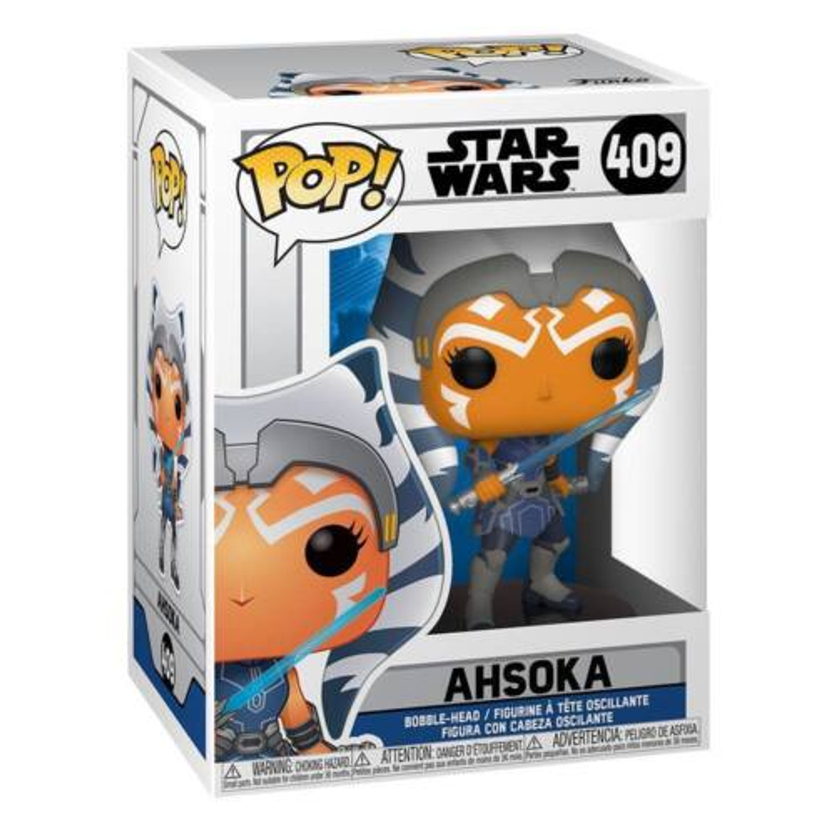 Figura Funko Pop di Ahsoka Tano in una scatola di Star Wars.