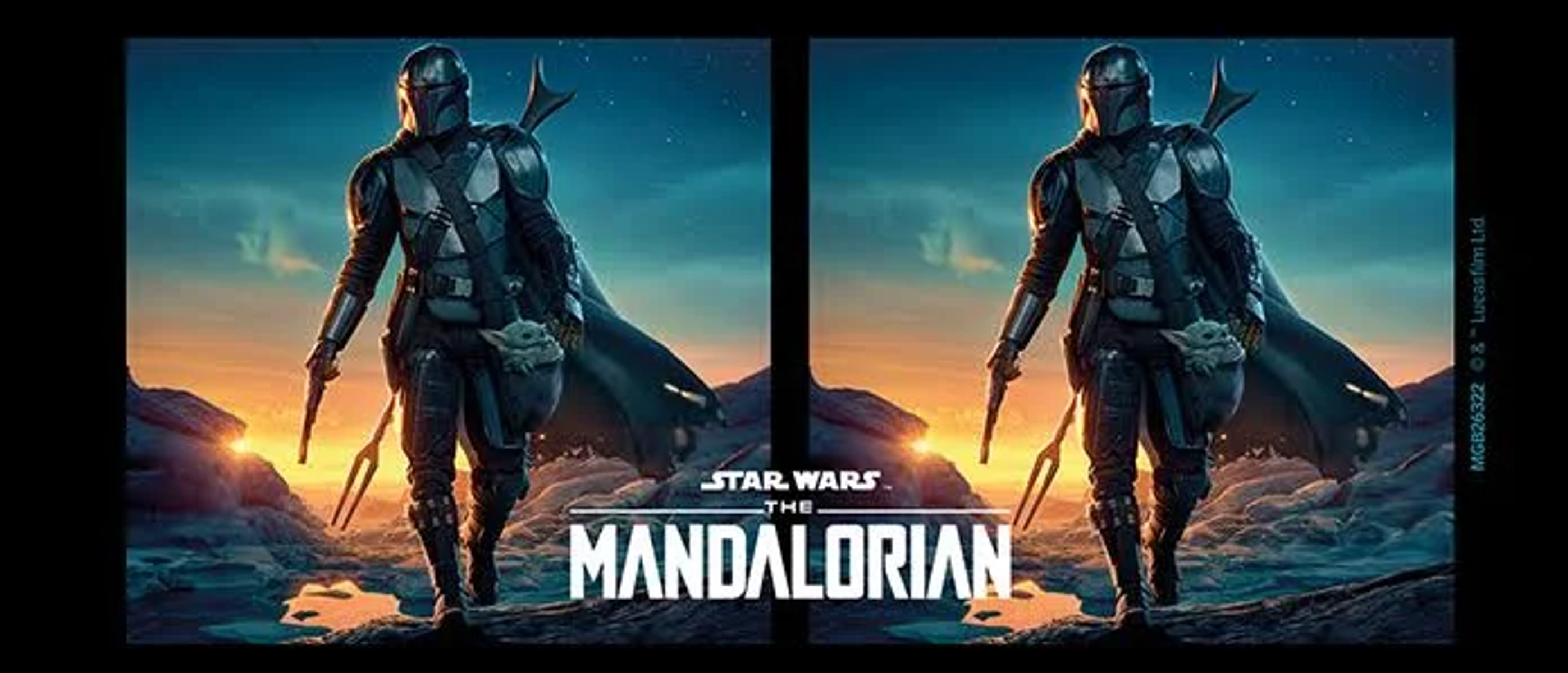Dos carteles de Mandalorian. El Mandaloriano con arma en un entorno desértico.