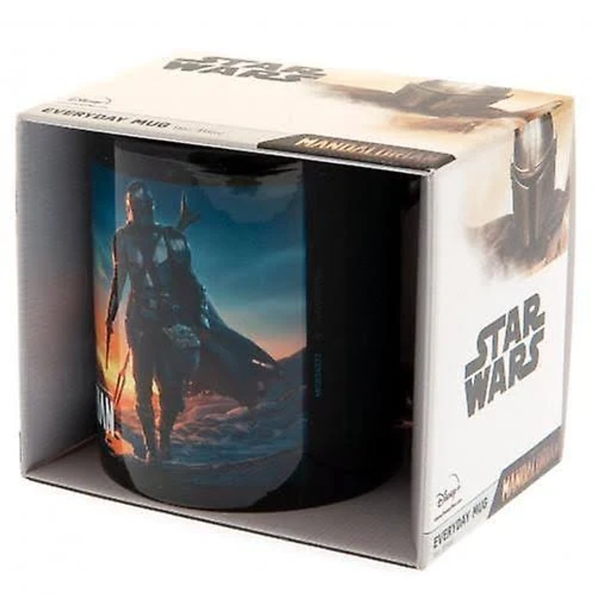 Una taza temática de Star Wars en una caja, con una escena de Mandalorian.