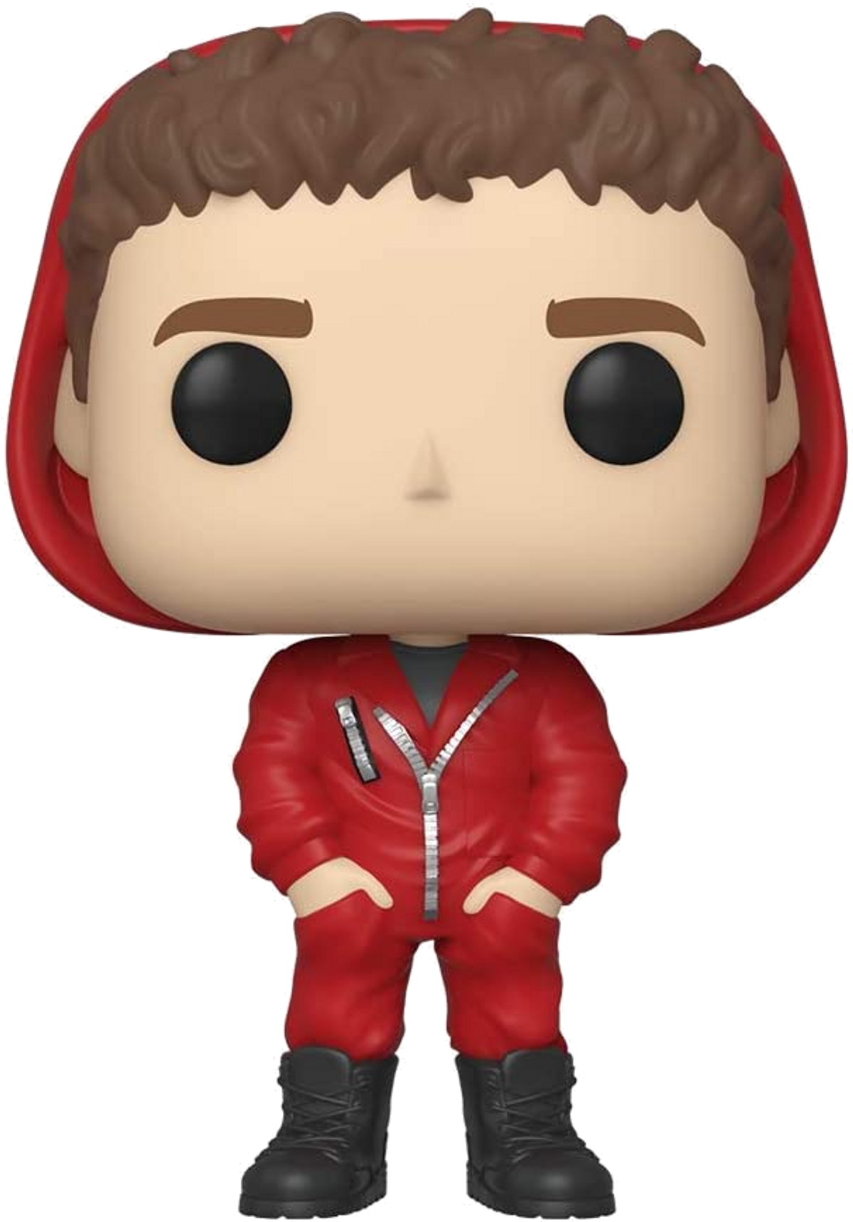 Una figura Funko Pop de un personaje con un mono rojo con capucha. Botas negras.
