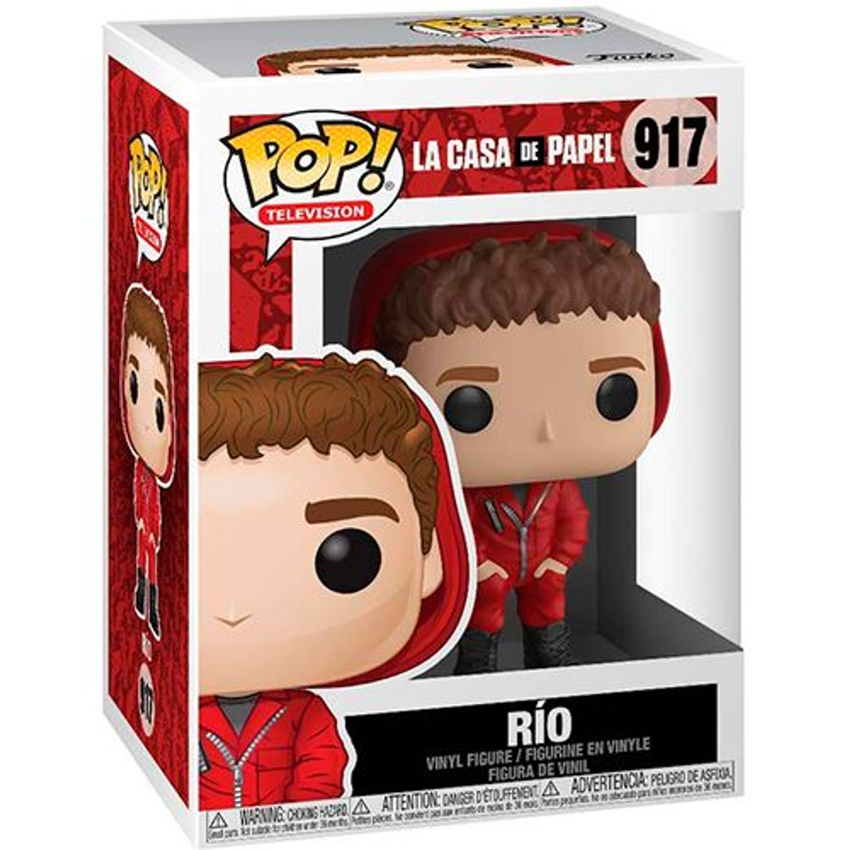 Figura Funko Pop de Río de La Casa de Papel, en una caja. La figura lleva un mono rojo. Fondo blanco.