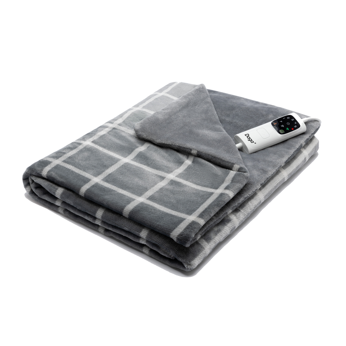 Szary koc elektryczny z białym kontrolerem, starannie złożony. Widoczny wzór w kratę.