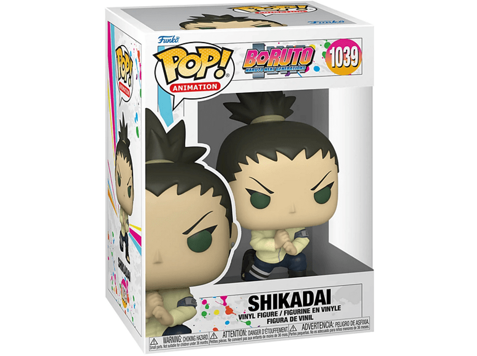Figura Funko Pop di Shikadai, da Boruto, in una scatola. La figura è in posizione accovacciata.