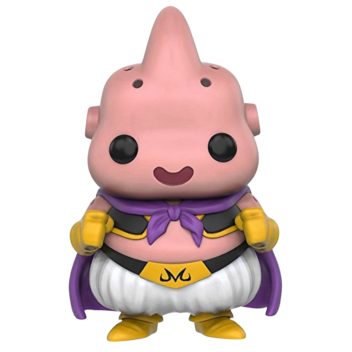 Rosa Majin Buu Figur mit gelben Handschuhen und lila Umhang. Schwarzer Hintergrund.
