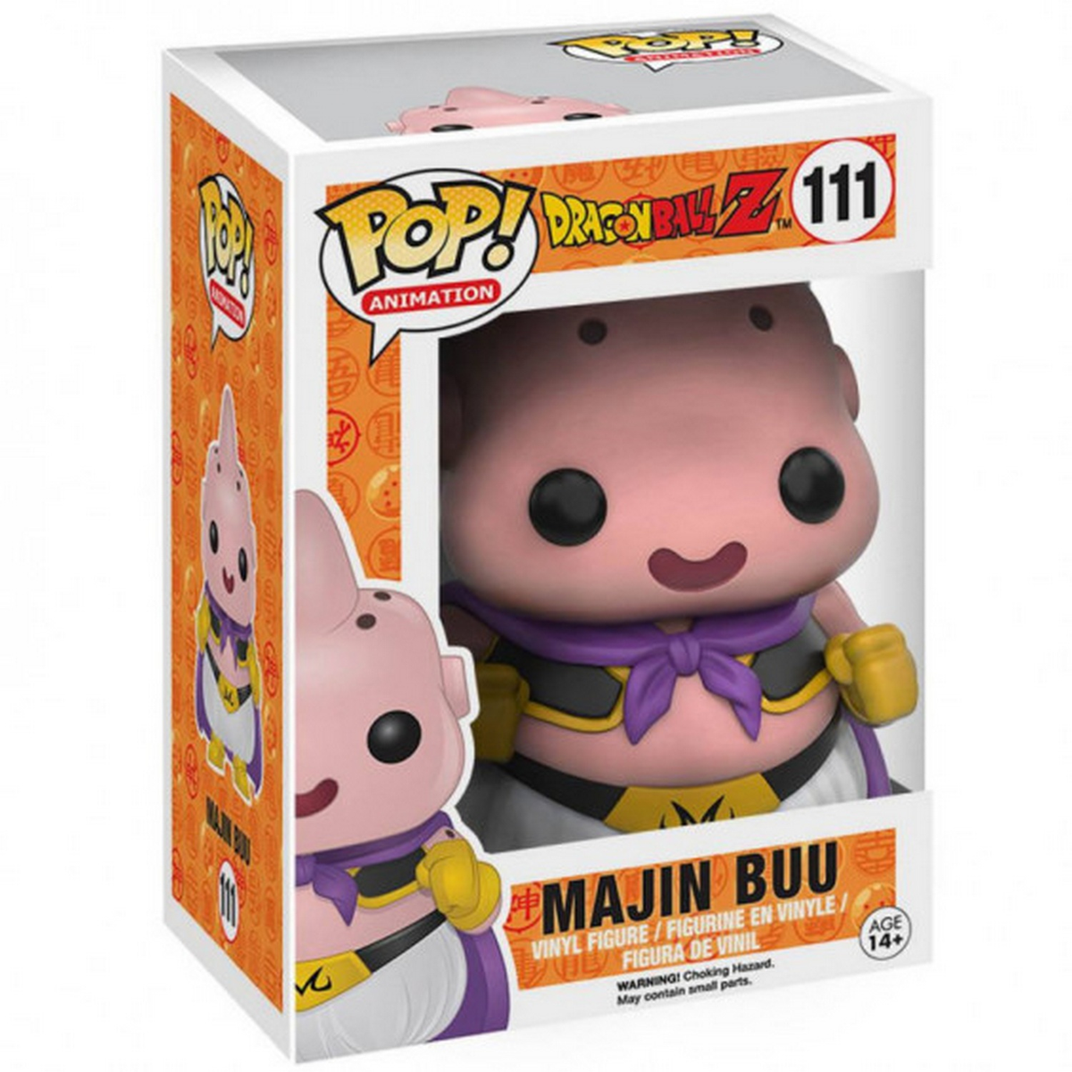 Majin Buu-Figur in Box. Die Figur ist rosa und lila. Box hat Dragon Ball Z und Pop!-Logos.